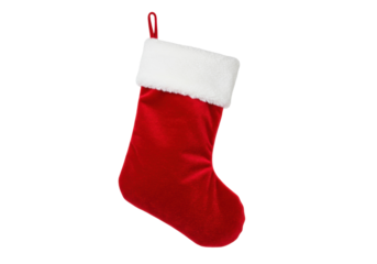 Red Christmas stocking isolated PNG, holiday decoration for gifts and treats on transparent background