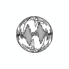 An animated sphere made of black and white lines, serving as a monochrome icon, symbol, and logo, featuring dynamic wave patterns against an abstract line‑art background