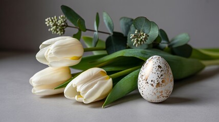 Elegant white tulips and golden speckled egg create festive Easter spring decor
