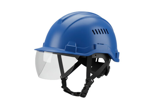 Blue construction helmet with visor PNG isolated on transparent background, safety headgear for industrial work and protection