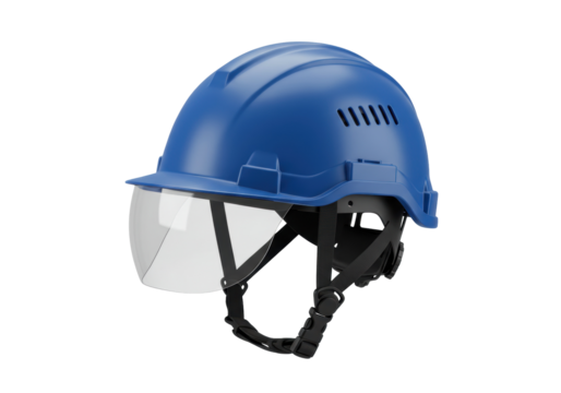 Blue construction helmet with visor PNG isolated on transparent background, safety headgear for industrial work and protection