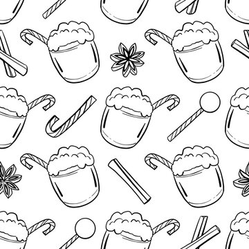 Eggnog Christmas and winter drinks seamless pattern. Doodle hand drawn food illustration for restaurant and cafe menu