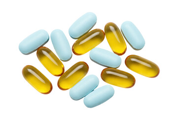 Pile of blue and yellow pills isolated PNG, pharmaceutical drugs and dietary supplements for health...