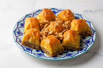 Traditional Turkish dessert; Handmade walnut baklava. Turkish name; cevizli baklava