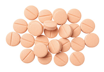 Pile of round peach pills isolated PNG on transparent background, medication tablets for health and...