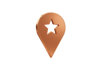 Copper location pin with star isolated PNG, 3D map pointer icon for navigation and travel design on transparent background