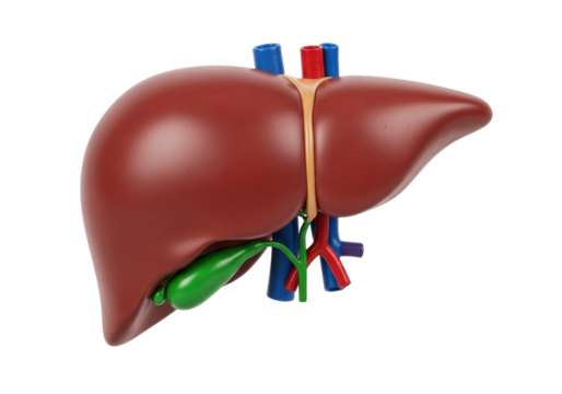 Human liver and gallbladder isolated PNG, anatomical model showing hepatic system with veins and ducts for medical education and healthcare