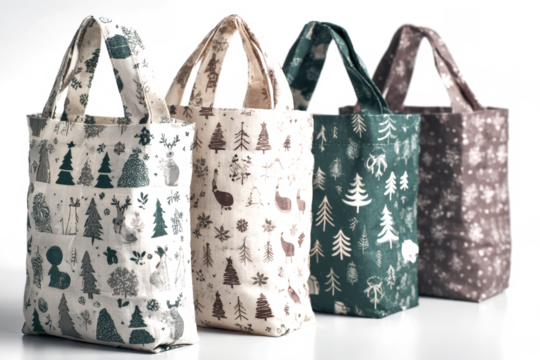 Four reusable shopping bags with winter holiday patterns eco-friendly tote bags sustainable lifestyle concept