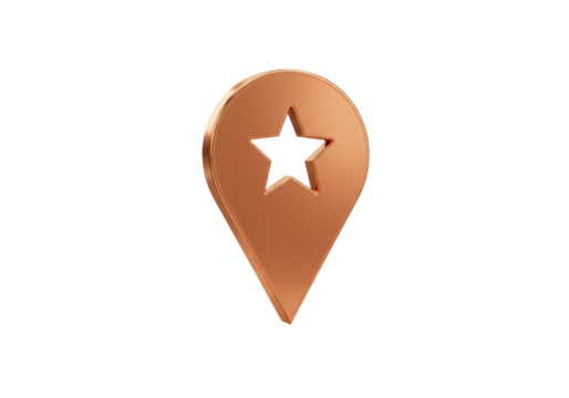 Copper location pin with star isolated PNG, 3D map pointer icon for navigation and travel design on transparent background - Powered by Adobe
