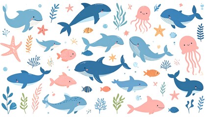 A collection of cute aquatic creatures like sharks, whales, and jellyfish