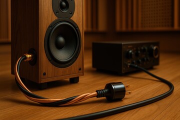 High Fidelity Audio Equipment Featuring Wooden Speaker and Amplifier Connection Cables