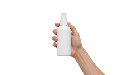 Hand holding a blank white spray bottle for cosmetic product mockup. Isolated on transparent background, png
