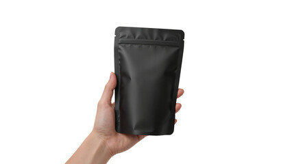 Naklejka premium Hand holding a blank black pouch. Food packaging mockup. Isolated on transparent background, png 