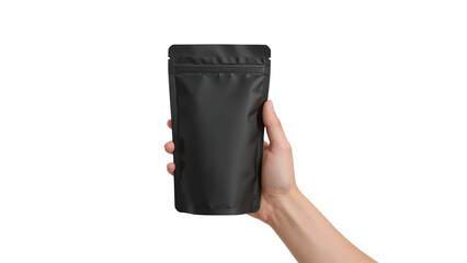 Hand holding a blank black pouch. Food packaging mockup. Isolated on transparent background, png
