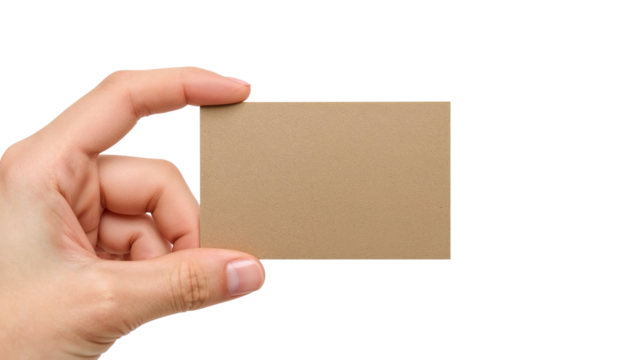Hand holding blank brown craft paper business card. Cardboard mockup. Isolated on transparent background, png

