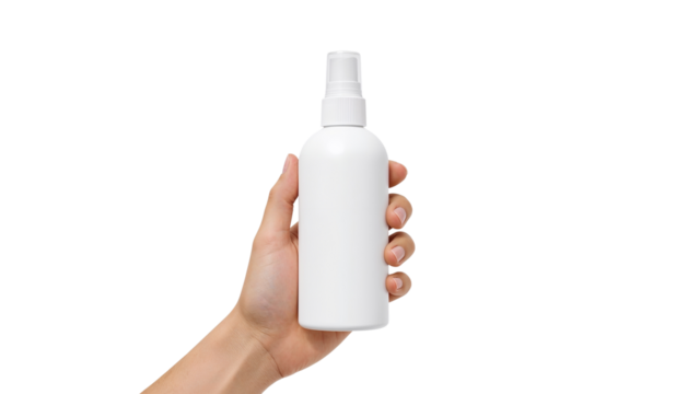 Hand holding a blank white spray bottle for cosmetic product mockup. Isolated on transparent background, png
