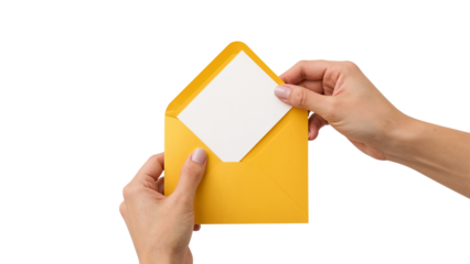 Woman's hands inserting a blank white card into a bright yellow envelope. Isolated on transparent background, png