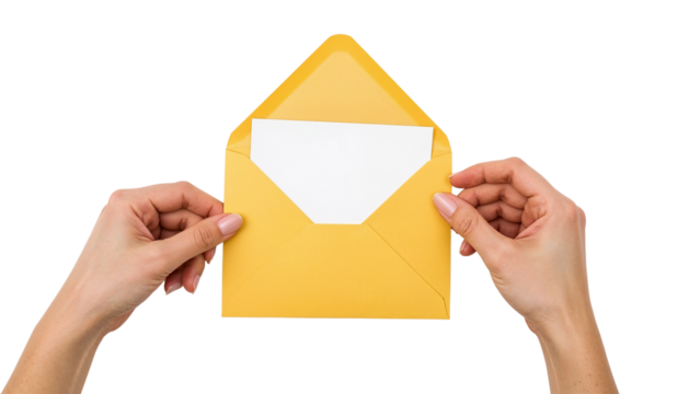 Woman's hands inserting a blank white card into a bright yellow envelope. Isolated on transparent background, png