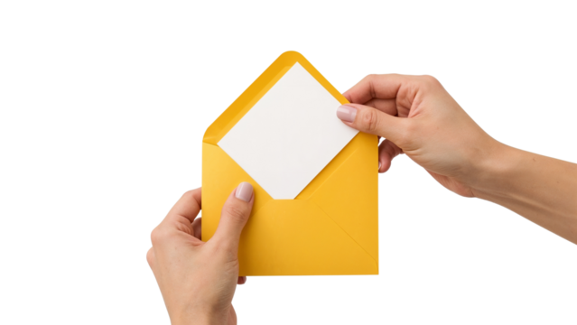 Woman's hands inserting a blank white card into a bright yellow envelope. Isolated on transparent background, png