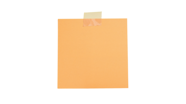Square orange sticky note with a piece of torn tape at the top. Isolated on transparent background, png
