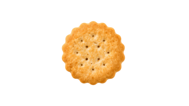 Single round golden brown biscuit cracker with scalloped edges. Isolated on transparent background, png
