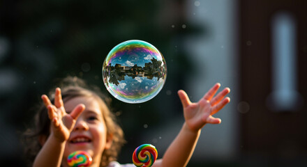 A Joyful Young Child Reaches Upwards Towards a Floating Soap Bubble Reflecting the World Around Them Surrounded by Colorful Lollipops
