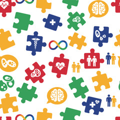 Fototapeta premium Background featuring a seamless pattern for World Autism Awareness Day, with colorful puzzle pieces, a symbol of autism, a flat medical illustration, and healthcare elements