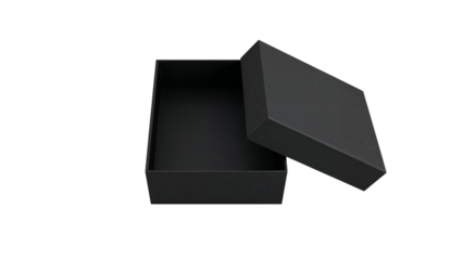 Open empty black gift box with a lid, luxury packaging mockup front view. Isolated on transparent background, png
