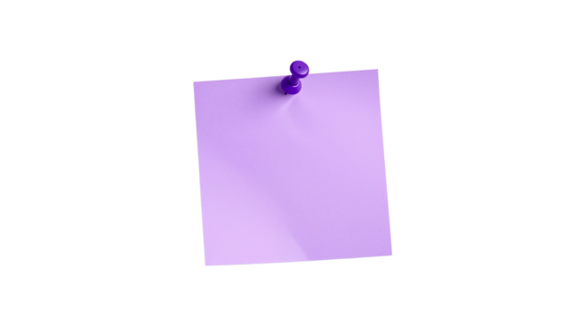 Purple sticky note or post it with a purple pushpin. Isolated on transparent background, png