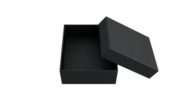 Open empty black gift box with a lid, luxury packaging mockup front view. Isolated on transparent background, png
