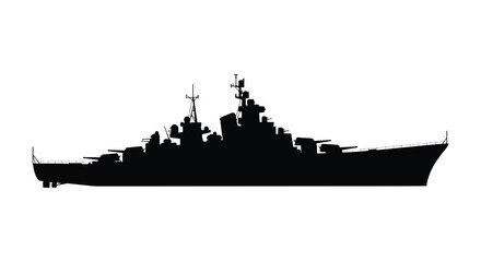 A stark black silhouette of a powerful naval battleship with multiple gun turrets and a detailed superstructure silhouette © Kuntol02