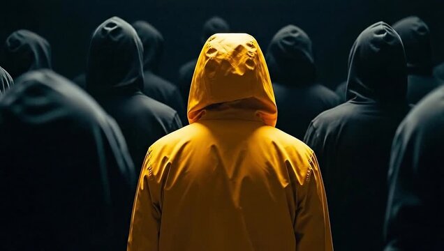 One person in a yellow hoodie stands out in a crowd of dark figures, symbolizing individuality and uniqueness.