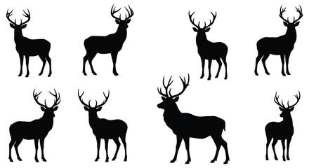 Collection of eight majestic deer silhouettes with antlers standing in various poses on a white background