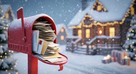 Red mailbox full of letters or Christmas cards in a snowy winter village scene with blurred houses and holiday lights.