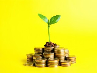 A young plant sprouts from a stack of golden coins on a bright yellow background