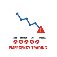 The finance investment graph drops, displaying an alert icon; the negative checklist offers options for false, correct, lost, and problem, while emergency trading is triggered