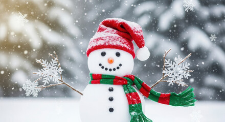 Happy Snowman Wearing a Santa Hat and Scarf in Winter Snow
