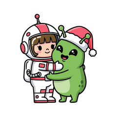 Astronaut Hugging Cute Green Alien Wearing Santa Hat embrace