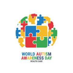 Celebrate World Autism Awareness Day with colorful puzzle designs featuring a face vector background, symbolic of autism, presented in a medical flat illustration style for healthcare