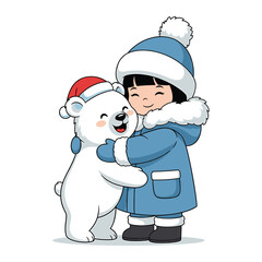 Child in blue winter coat hugging a polar bear with Santa hat girl