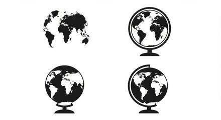 Earth Globe Collection Set of Black World Map Icons in Minimal Flat Design, Isolated Vector Globes for Web, Education, and Global Business Projects