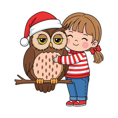 Girl Hugging Owl Wearing Santa Hat on Branch embrace