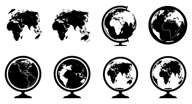 Earth Globe Collection Set of Black World Map Icons in Minimal Flat Design, Isolated Vector Globes for Web, Education, and Global Business Projects