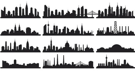 Obraz premium City Silhouette Vector Set Urban Skyline Panorama Collection, Modern and Classic Cityscape Borders, Black and White Skyline Illustration for Design and Architecture Projects