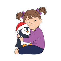 Girl with pigtails hugging a penguin wearing a Santa hat child bird