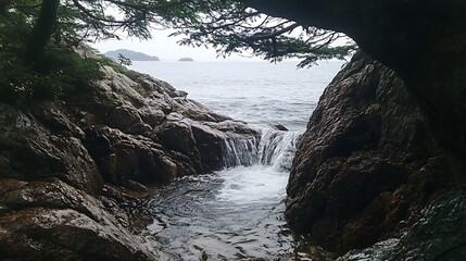 Small waterfall flowing into the sea, framed by rocks and lush green foliage, creating a serene and picturesque coastal scene in nature