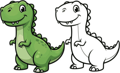 Obraz premium Cute cartoon dinosaurs illustration featuring a green colored dinosaur and a black and white outline companion 
