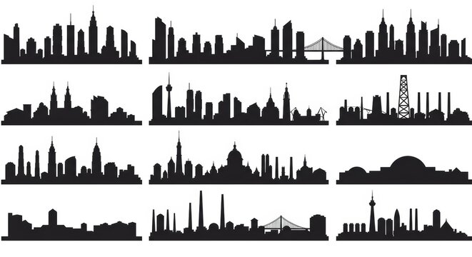 Fototapeta City Silhouette Vector Set Urban Skyline Panorama Collection, Modern and Classic Cityscape Borders, Black and White Skyline Illustration for Design and Architecture Projects