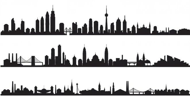 Fototapeta City Silhouette Vector Set Urban Skyline Panorama Collection, Modern and Classic Cityscape Borders, Black and White Skyline Illustration for Design and Architecture Projects