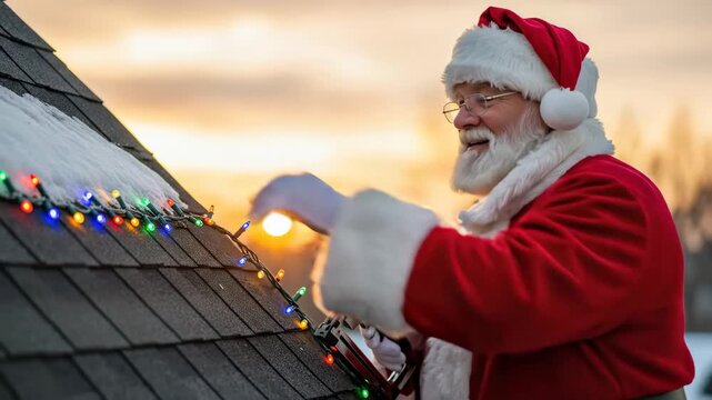 Santa Claus hanging colorful Christmas string light on a snowy roof with a staple gun during golden hour for holiday decoration video.